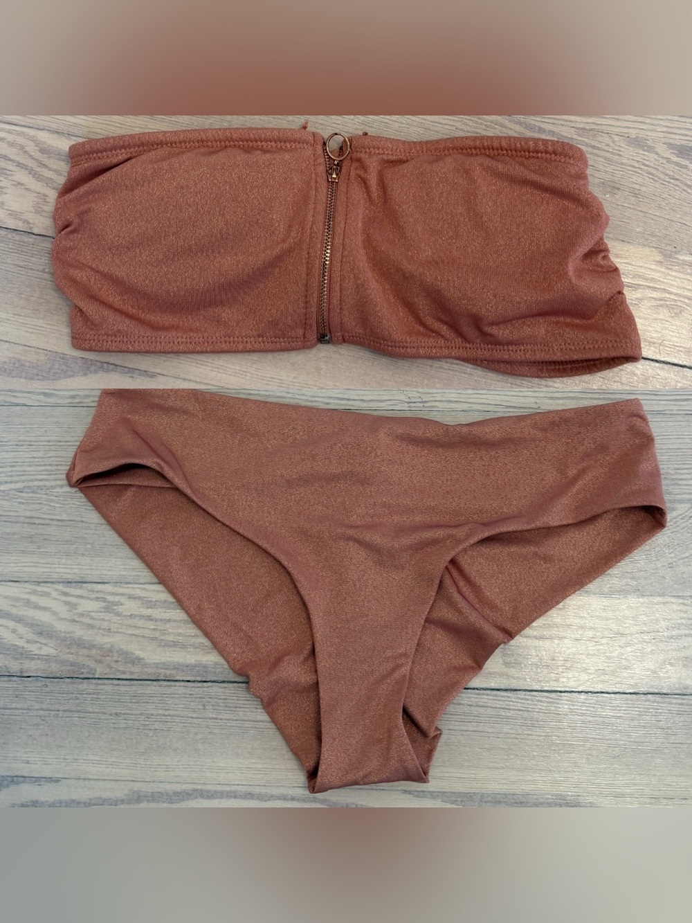 Ardene Shimmer Copper Bronze Zip Front Strapless Bandeau Bikini Set Size M/L